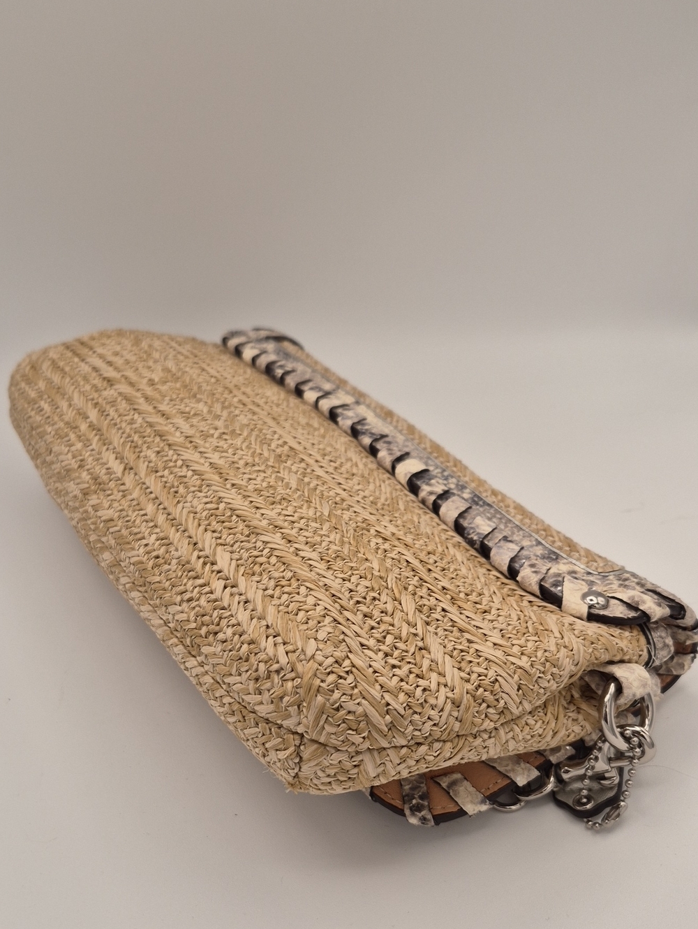 Coach Hampton Straw Clutch Wristlet Python Leather Trim Turnlock 47440 - Picture 6 of 12